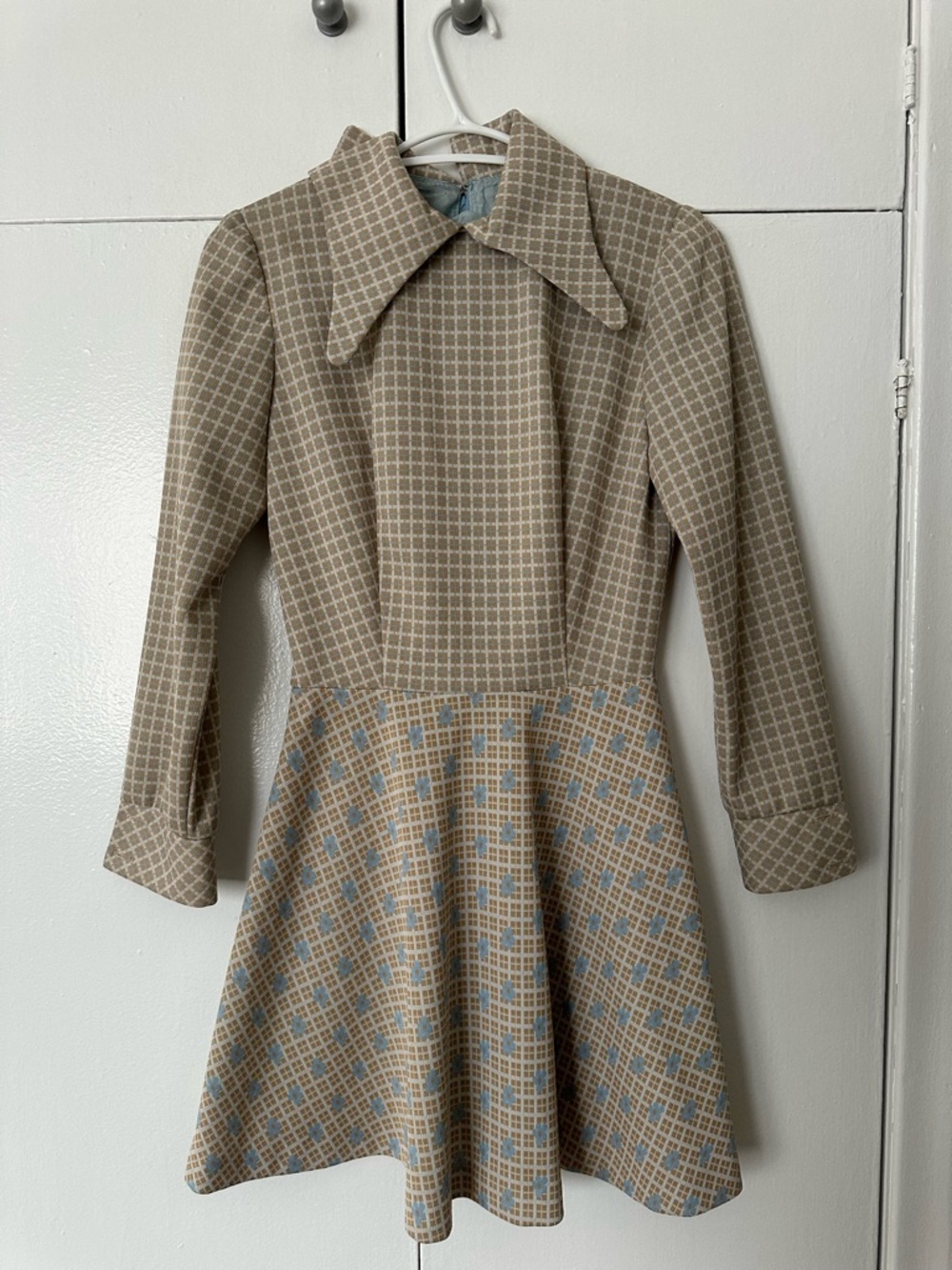 Vintage Beige and Light Blue Check Long-Sleeve Fit-and-Flare Dress